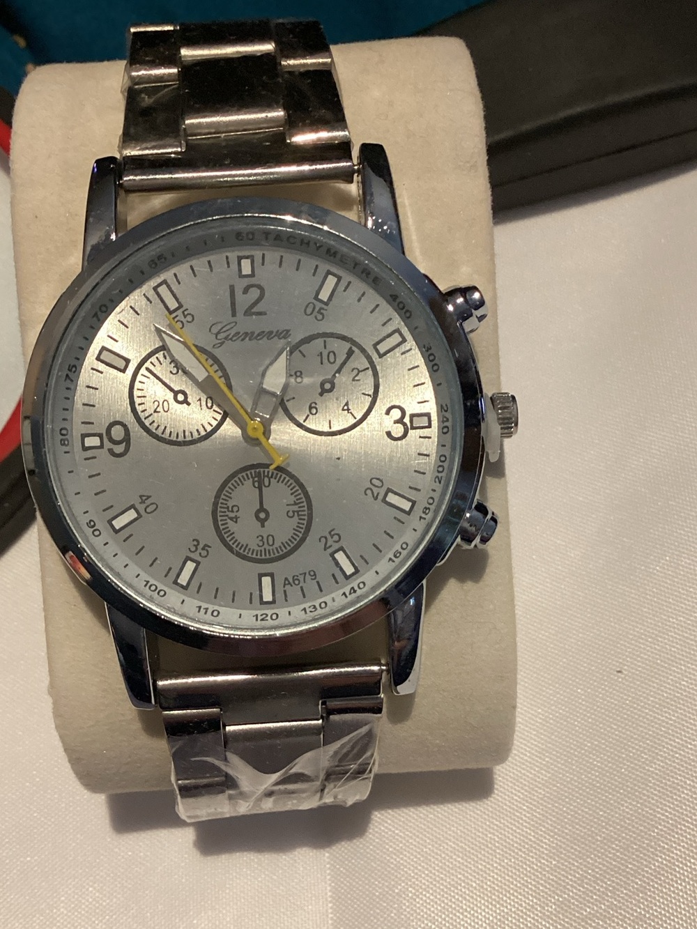 Geneva Men's Silver Chronograph-Style Watch with Yellow Second Hand